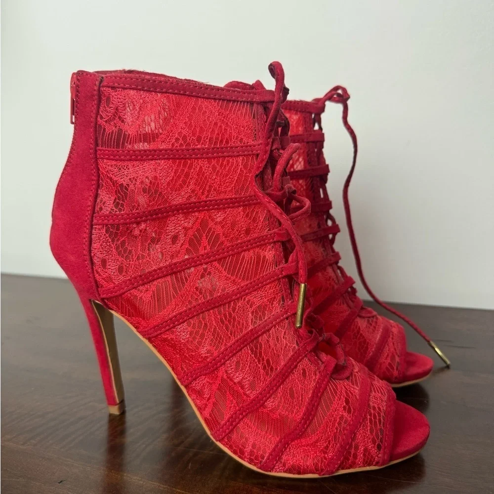 JustFab Red Lace Up Stiletto Heels, US Size 8.5